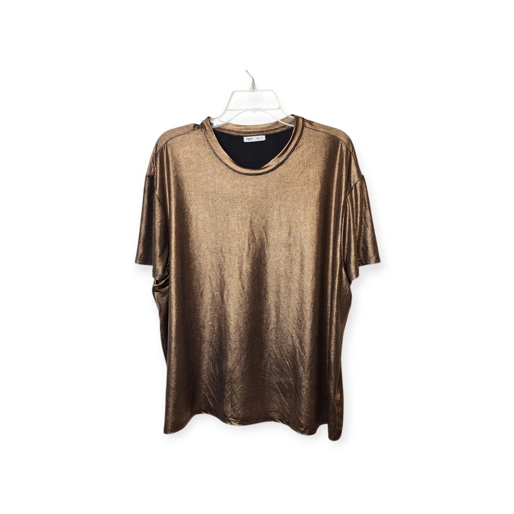 Edgely Brown‎ Gold Metallic Scoop Neck Short Sleeve Oversized Boho Top XL